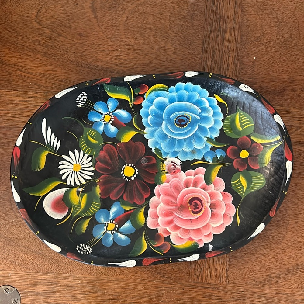 Hand painted carved wood bowl platter tray